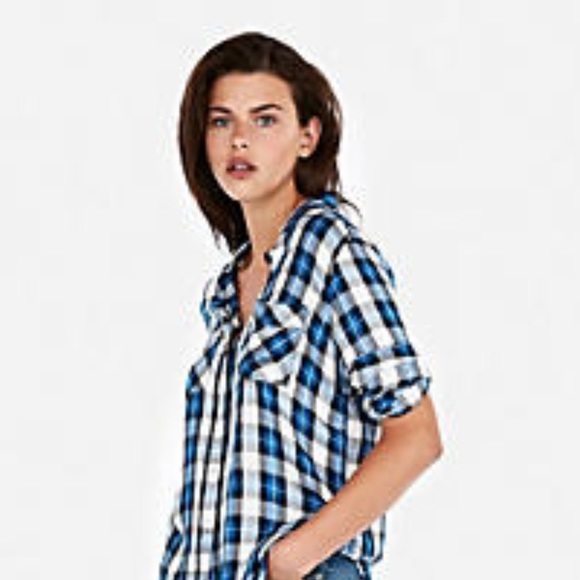 Express Women's Plaid Waist Tie Soft Blouse Shirt - Picture 2 of 10